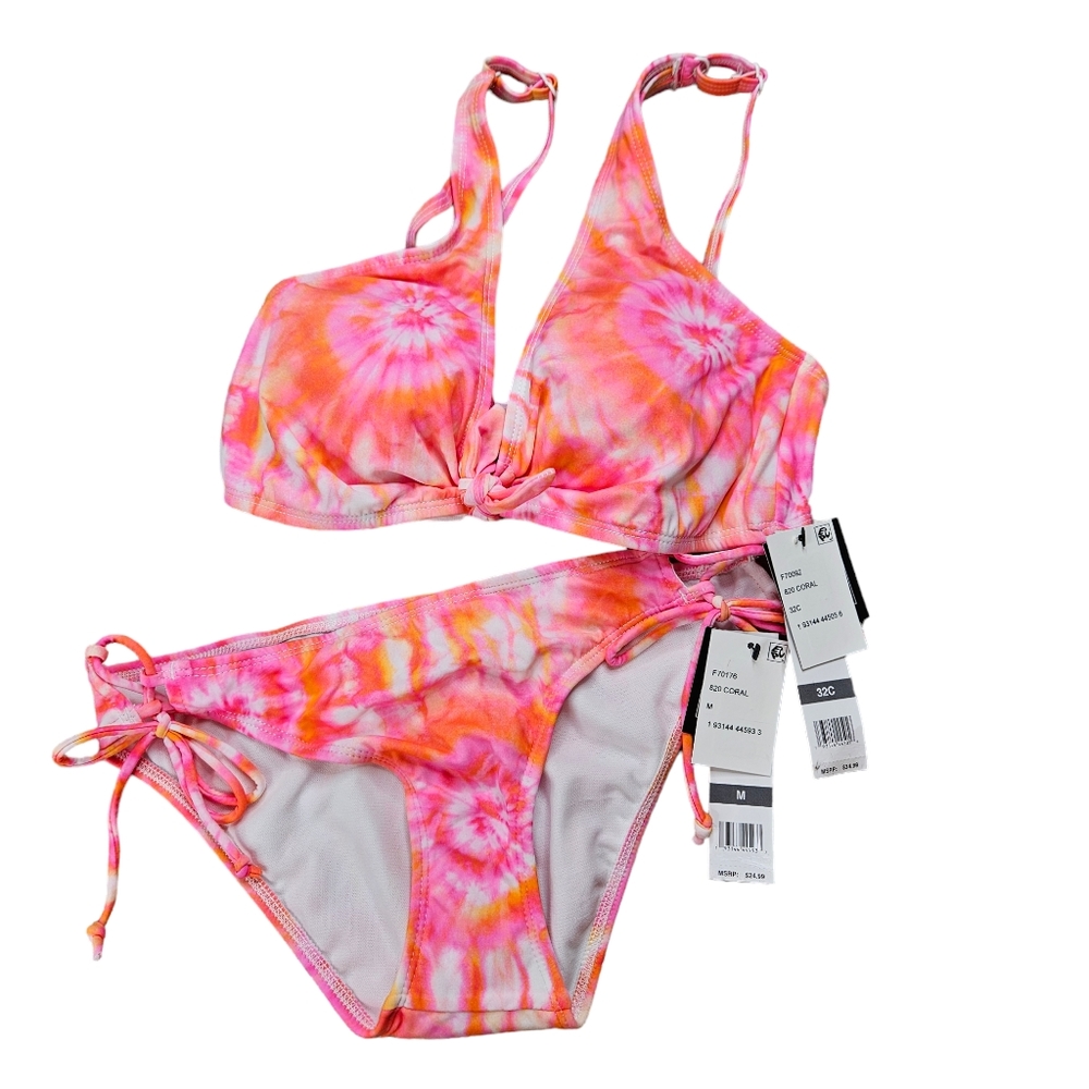 Dazed Coral Kylie String Bikini Top and Bottom Swimsuit 32C M Medium NWT